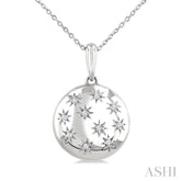 1/10 Ctw Bold Star Engraved Puffed Round Single Cut Diamond Pendant With Chain in Sterling Silver